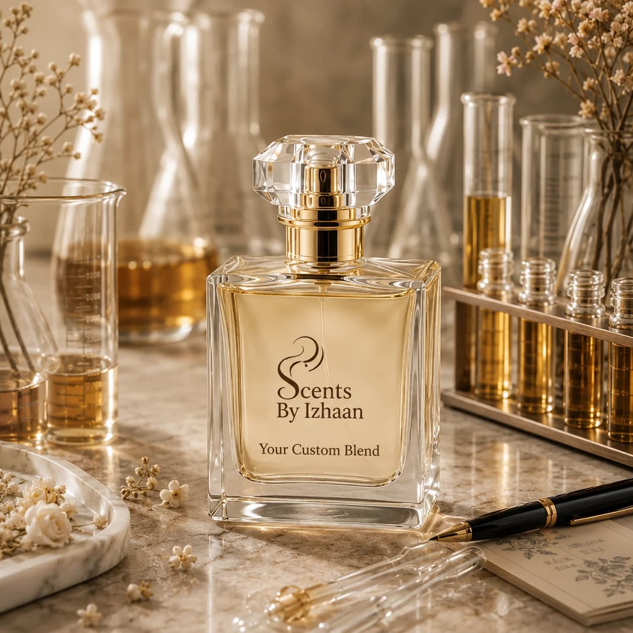 Perfume spray blend bottle with perfumer tools