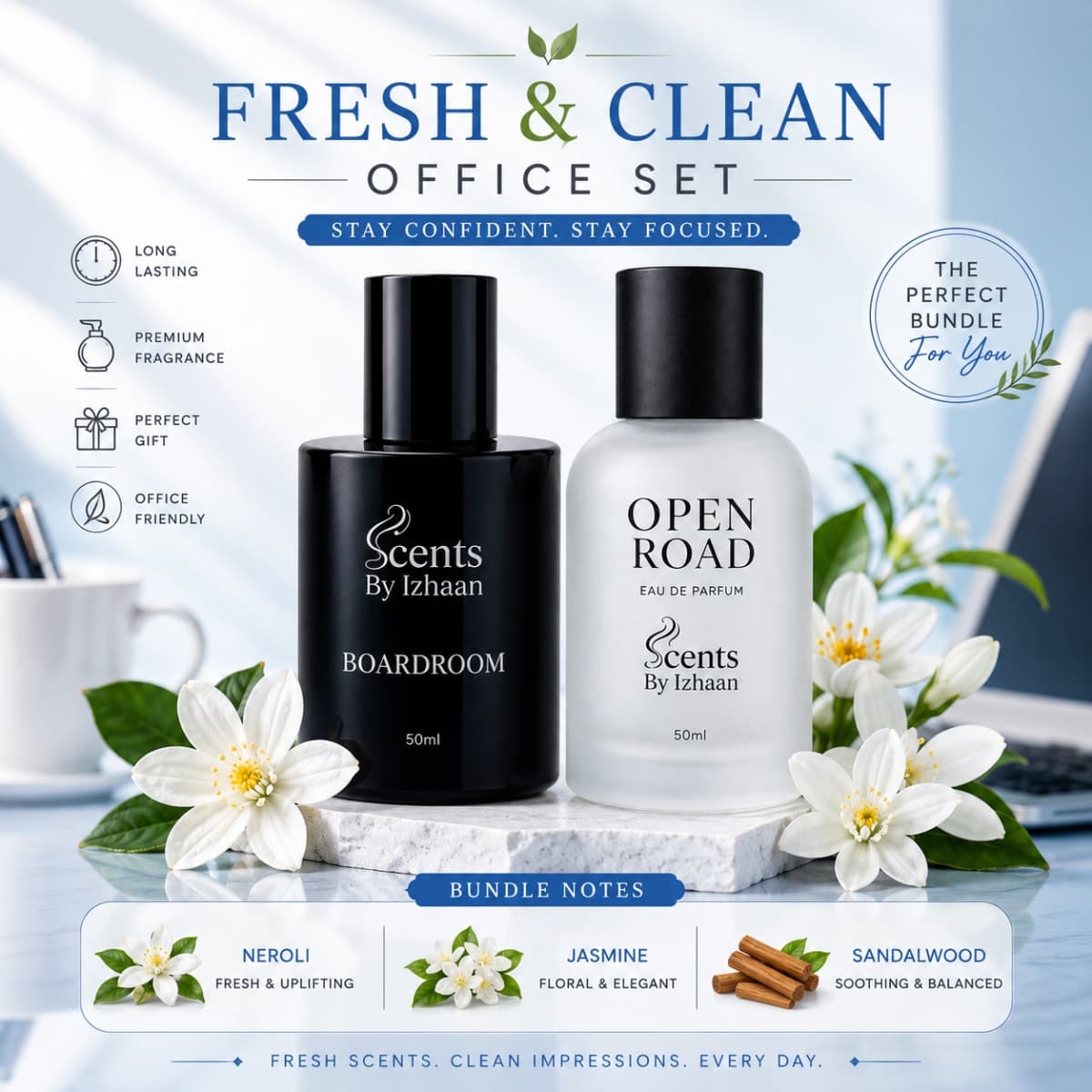 Fresh & Clean Office Set Duo - Boardroom + Open Road – Powerfully Fresh & Professional – Men Perfume Bundle