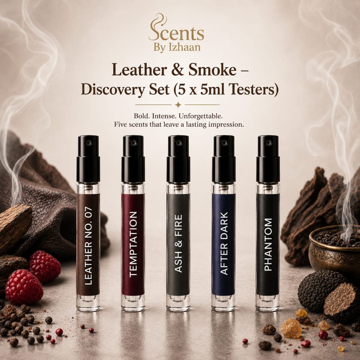 Leather & Smoke – Discovery Set (5 x 5ml Testers) - Gender: Unisex + Men
