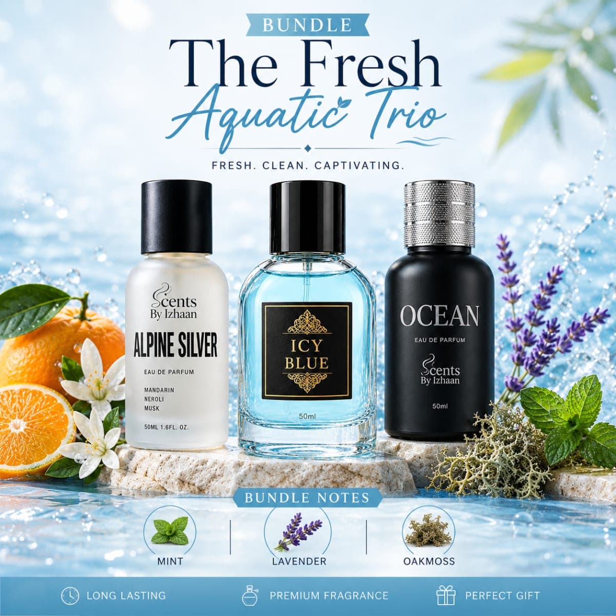 The Fresh Aquatic Trio - Alpine Silver + ICY Blue + Ocean – Three Layers of Blue – Men Perfume Bundle