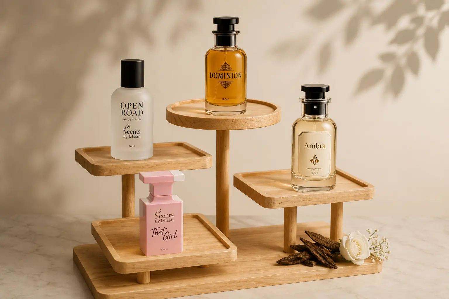 Scents By Izhaan perfume bottles displayed on wooden stands